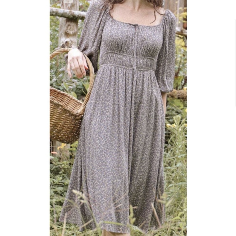 Atelette Emmylou Dress Blue Gray Floral Midi 3/4 Sleeve Womens Size Small